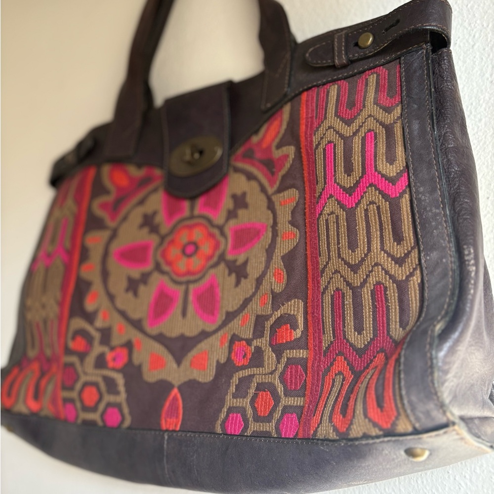 Fossil large tote, dark brown leather trim with suzani-print canvas body